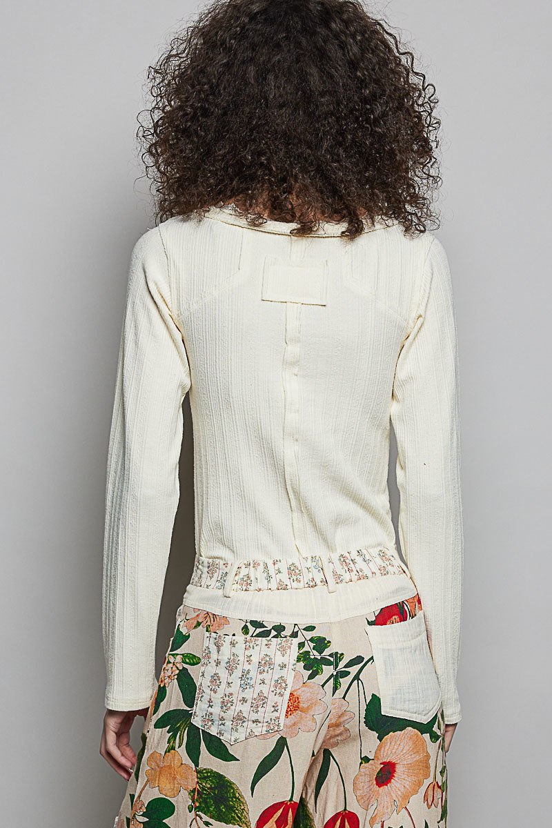 POL V-Neck Long Sleeve Ribbed Top with Lace-Accent Neckband