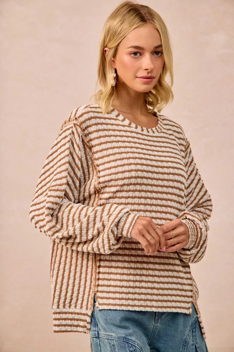 BiBi Open Seam Detail Textured Stripe Knit Top