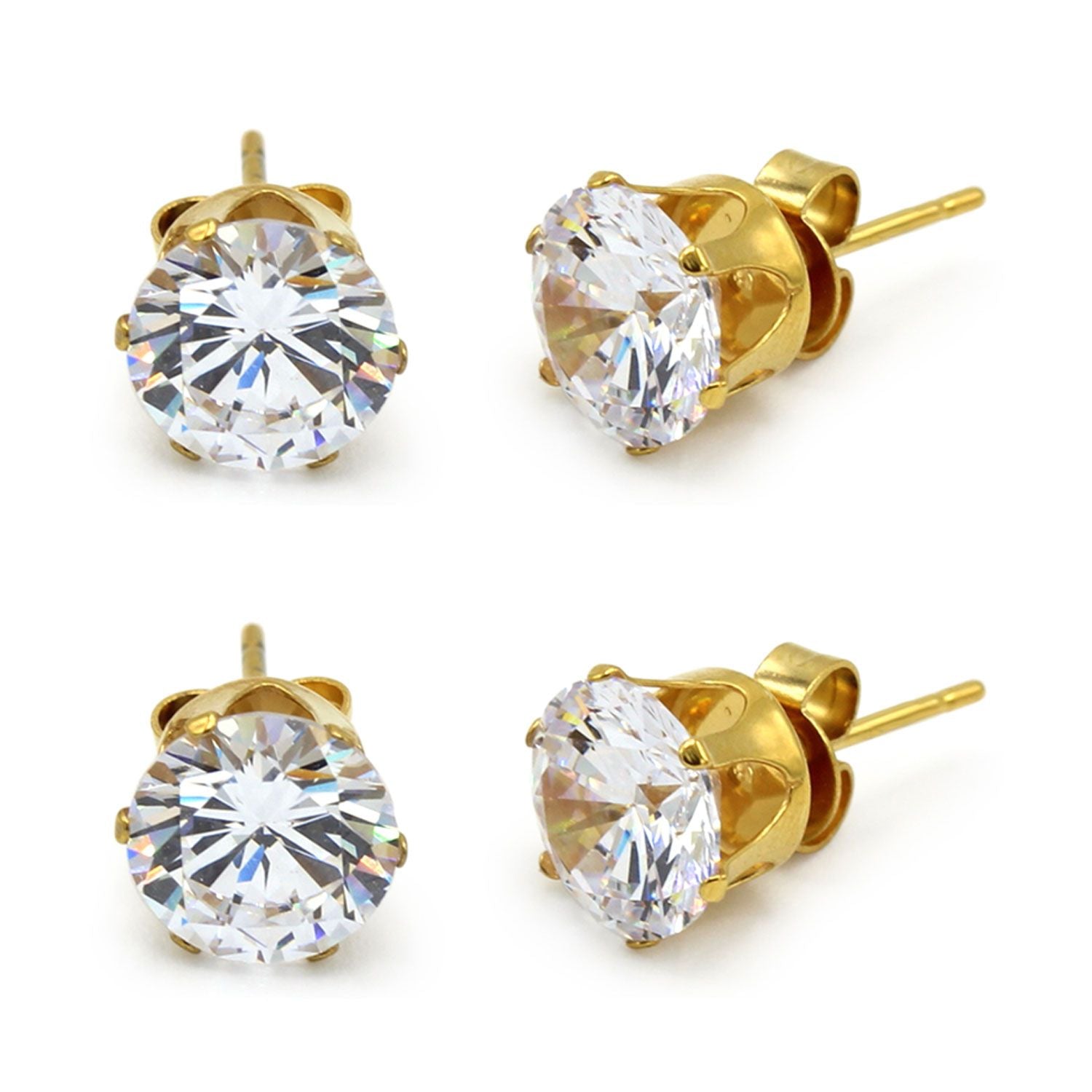 Cubic Zirconia Round 14K Gold Plated Stud Earrings Set Of 2 Stainless Steel Jewelry Men Women