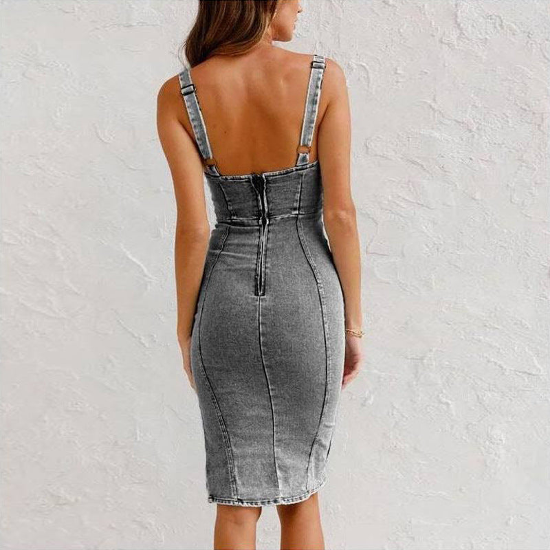 U-neck Suspender Denim Jean Dress Women
