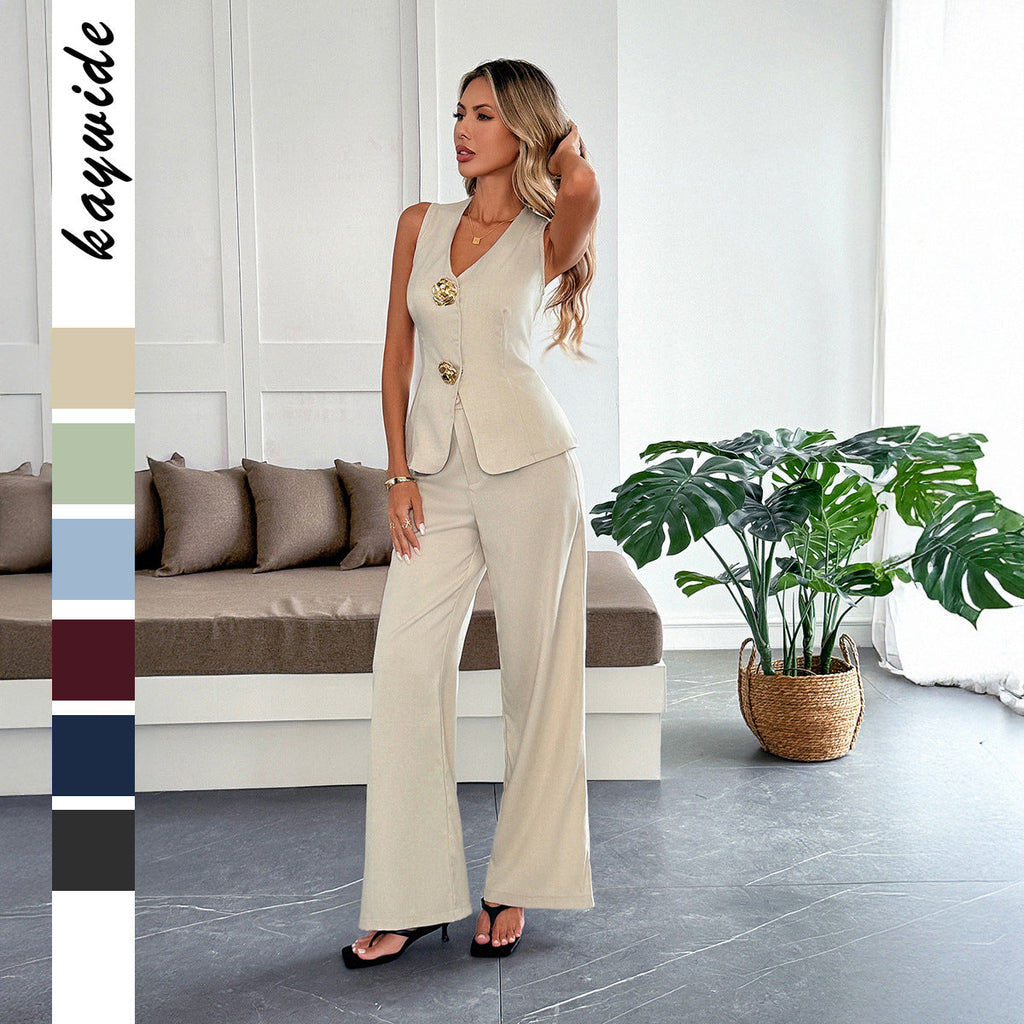 Women’s Summer Two Piece Set – Vest & Straight Leg Pants
