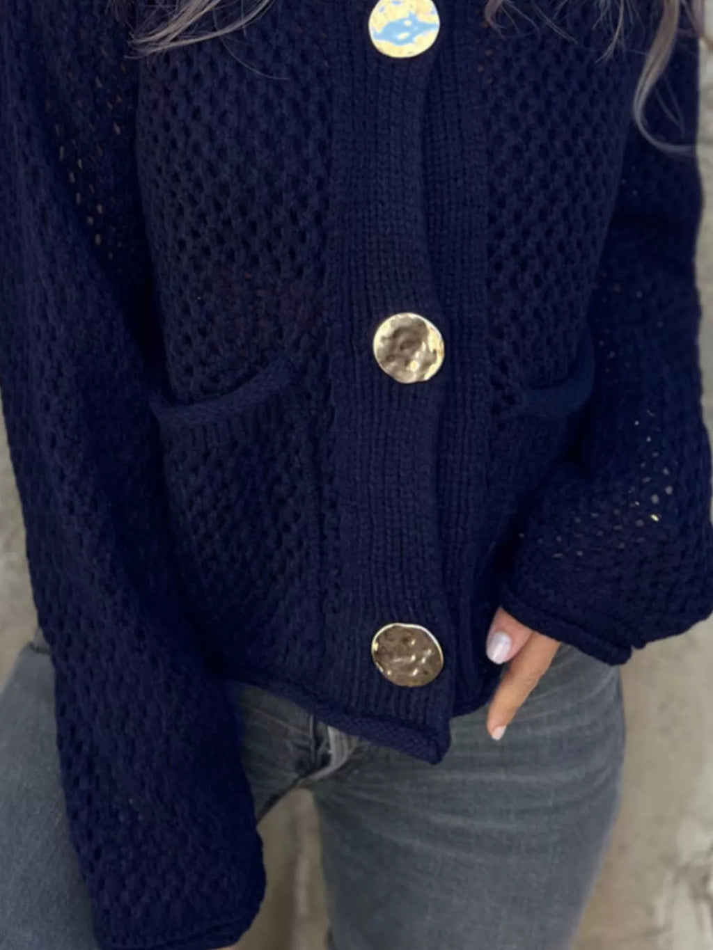 Crochet Button Up Long Sleeve Cardigan