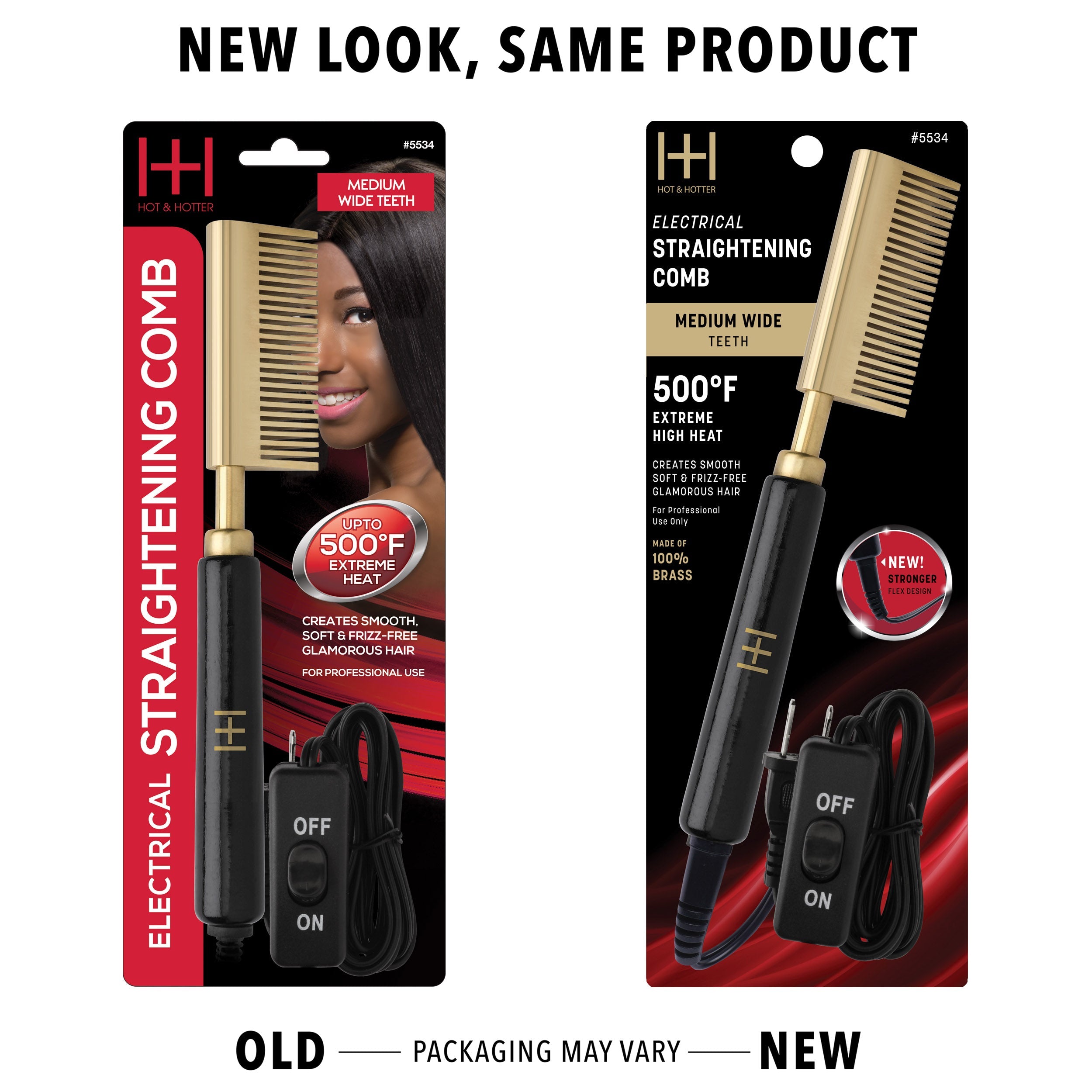 Hot & Hotter Electric Straightening Comb Medium Wide Teeth, 1 Count, Black & Gold