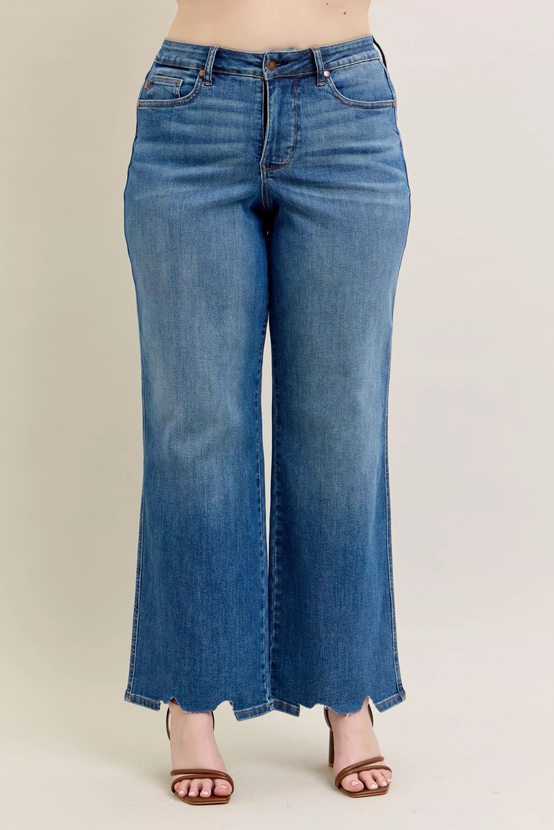 Judy Blue Full Size High Waist Tummy Control Chew Hem Destroy Wide Jeans Plus Size