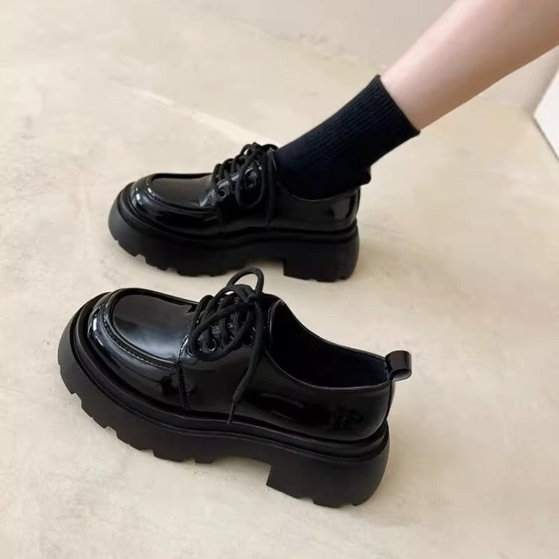 Women’s British Style Chunky Sole Leather Shoes – Trendy Loafers with Elevated Heel