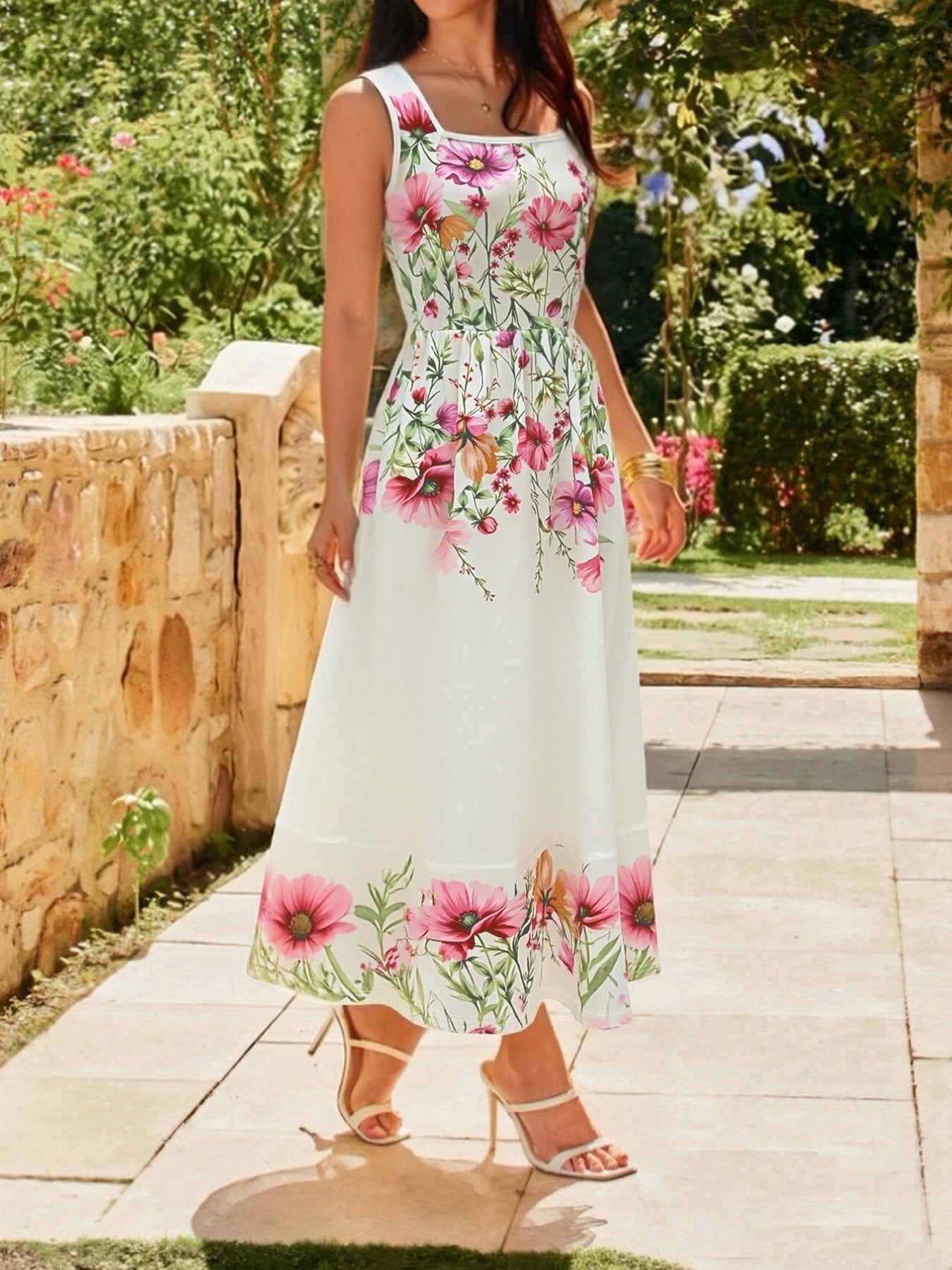 Floral Print Square Neck Dress