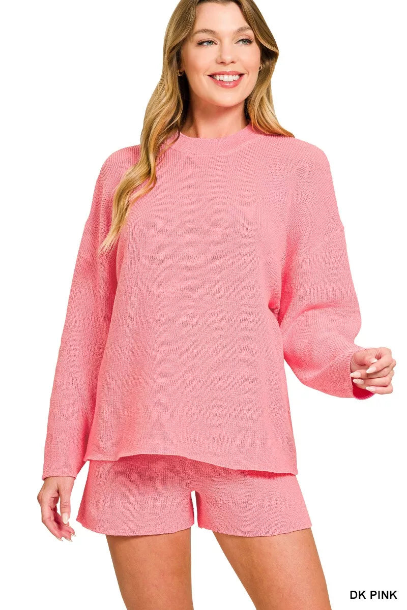 Zenana Round Neck Knit Top and Shorts Sweater Set
