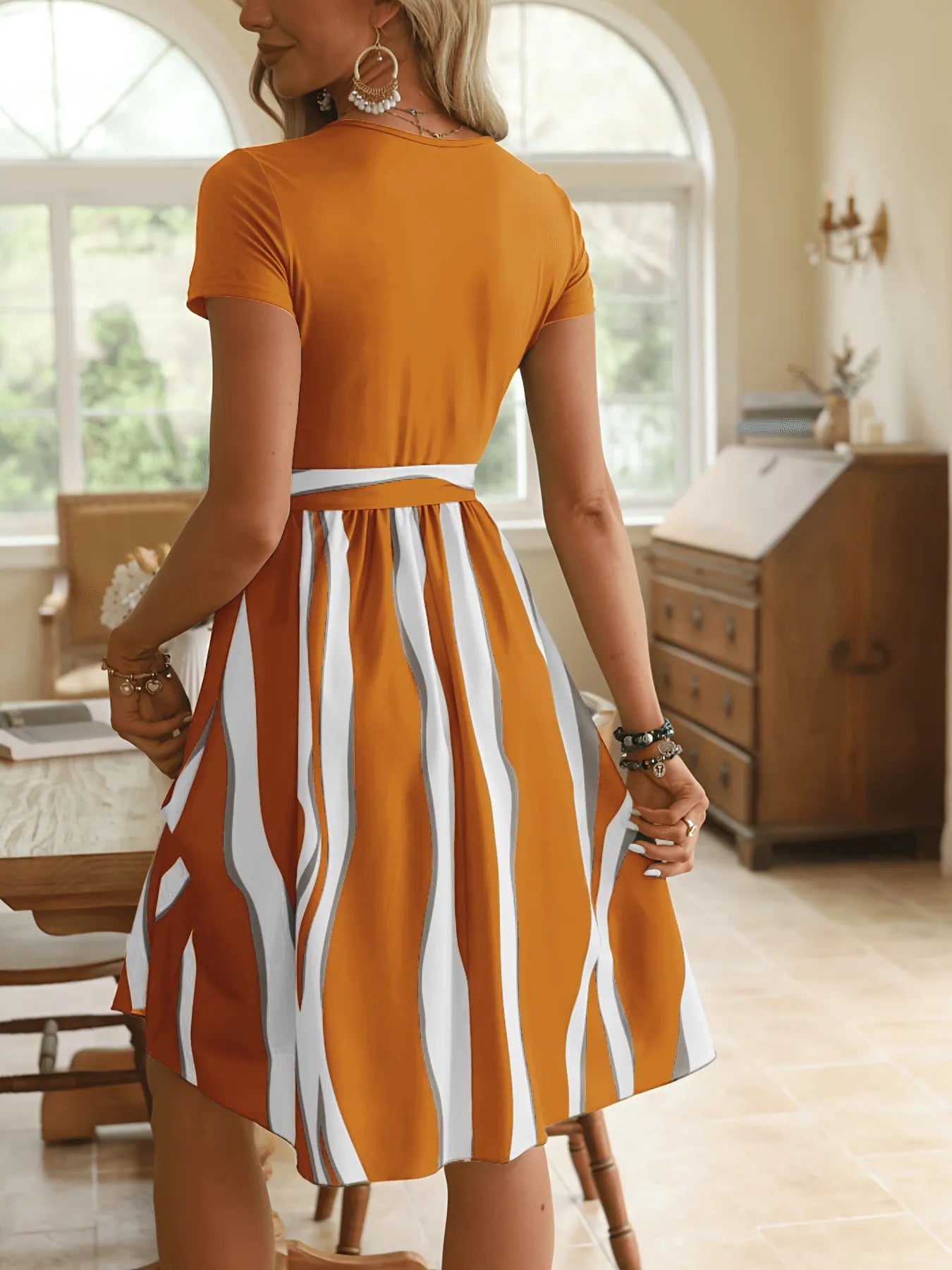 Striped Short Sleeve Tie Waist Dress