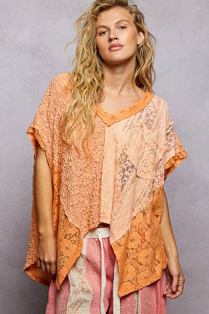 POL Asymmetrical V-Neck Short Sleeve Lace Top