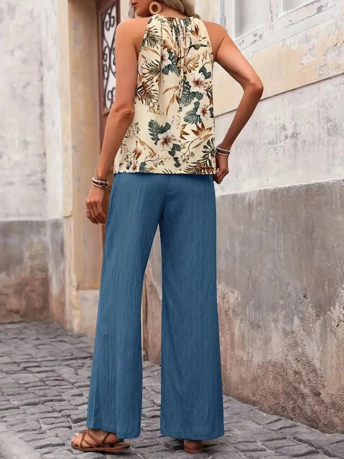 Printed Tank Top and Wide Leg Pants Set