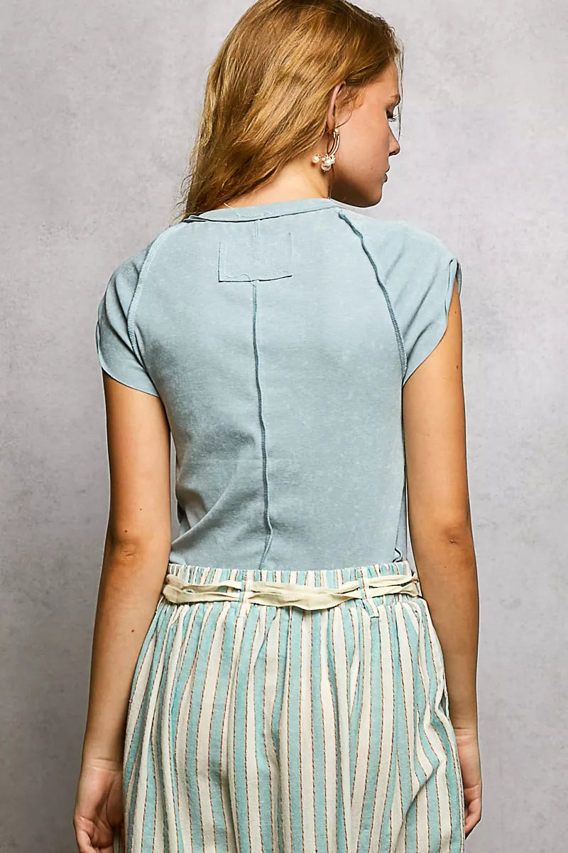 POL V-Neck Short Sleeve Washed T-Shirt with Outseam