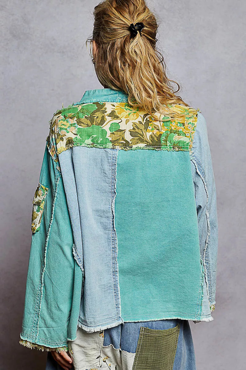 POL Button Down Floral V-Neck Long Sleeve Raw Hem Top