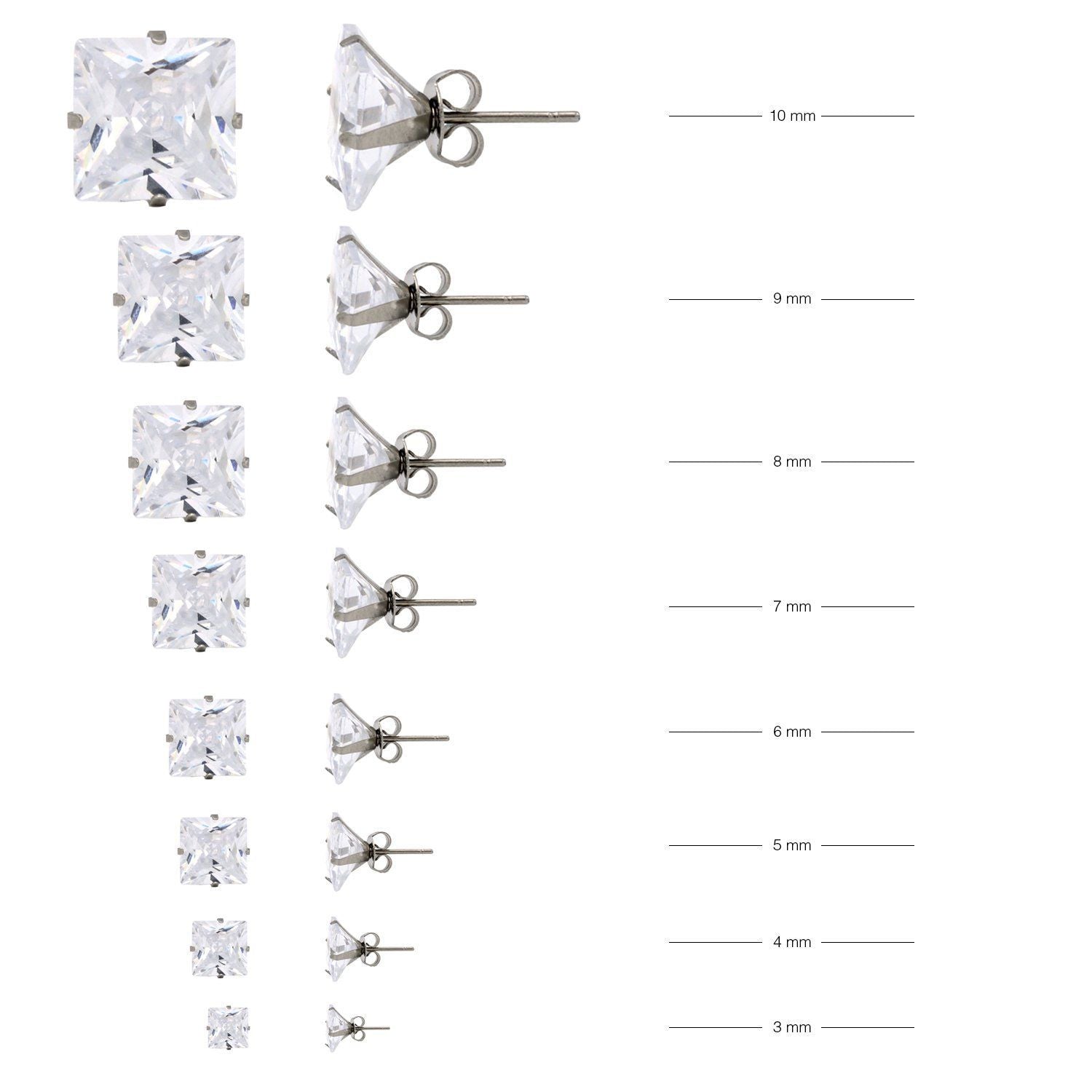 Cubic Zirconia Square Silver Stud Earrings Set Of 4 Stainless Steel Jewelry Men Women