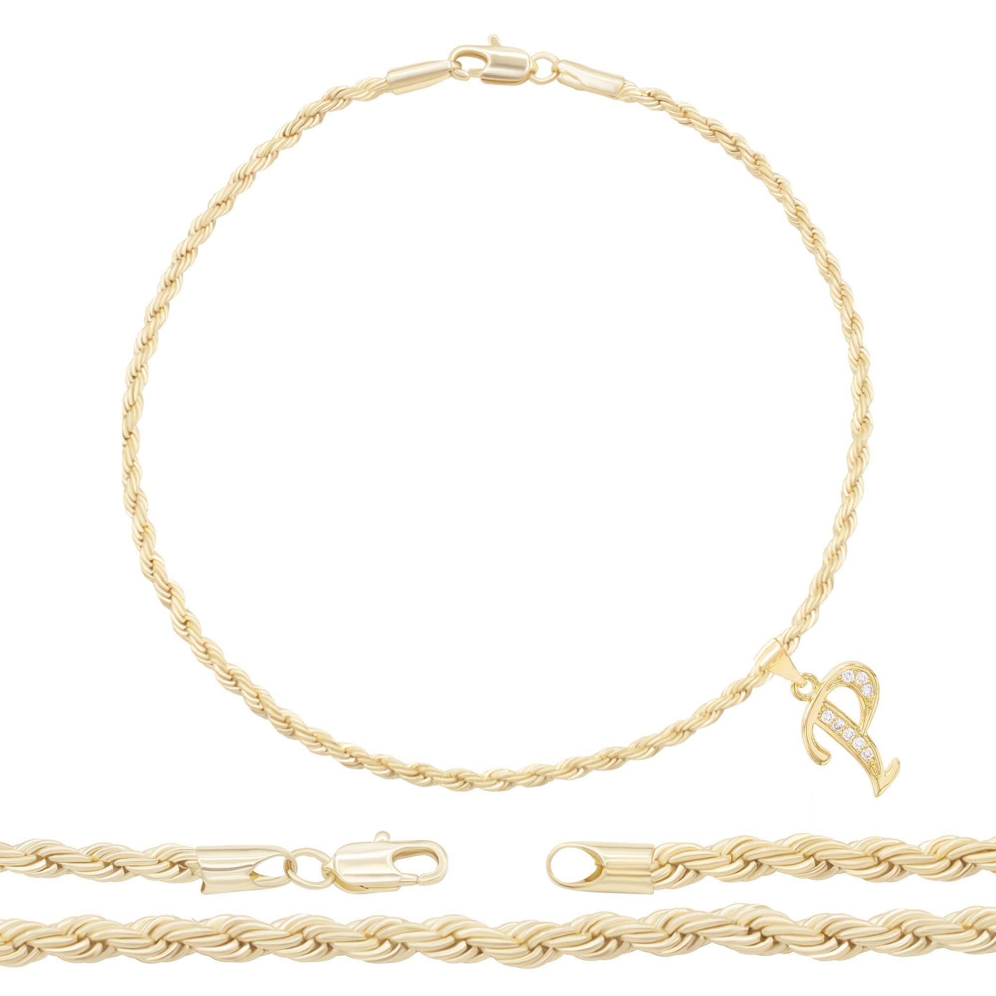 A-Z Initial Letter Pendant 14K Gold Filled Cubic Zirconia Rope Chain Anklet 10" Set 2.4 mm  Women Jewelry