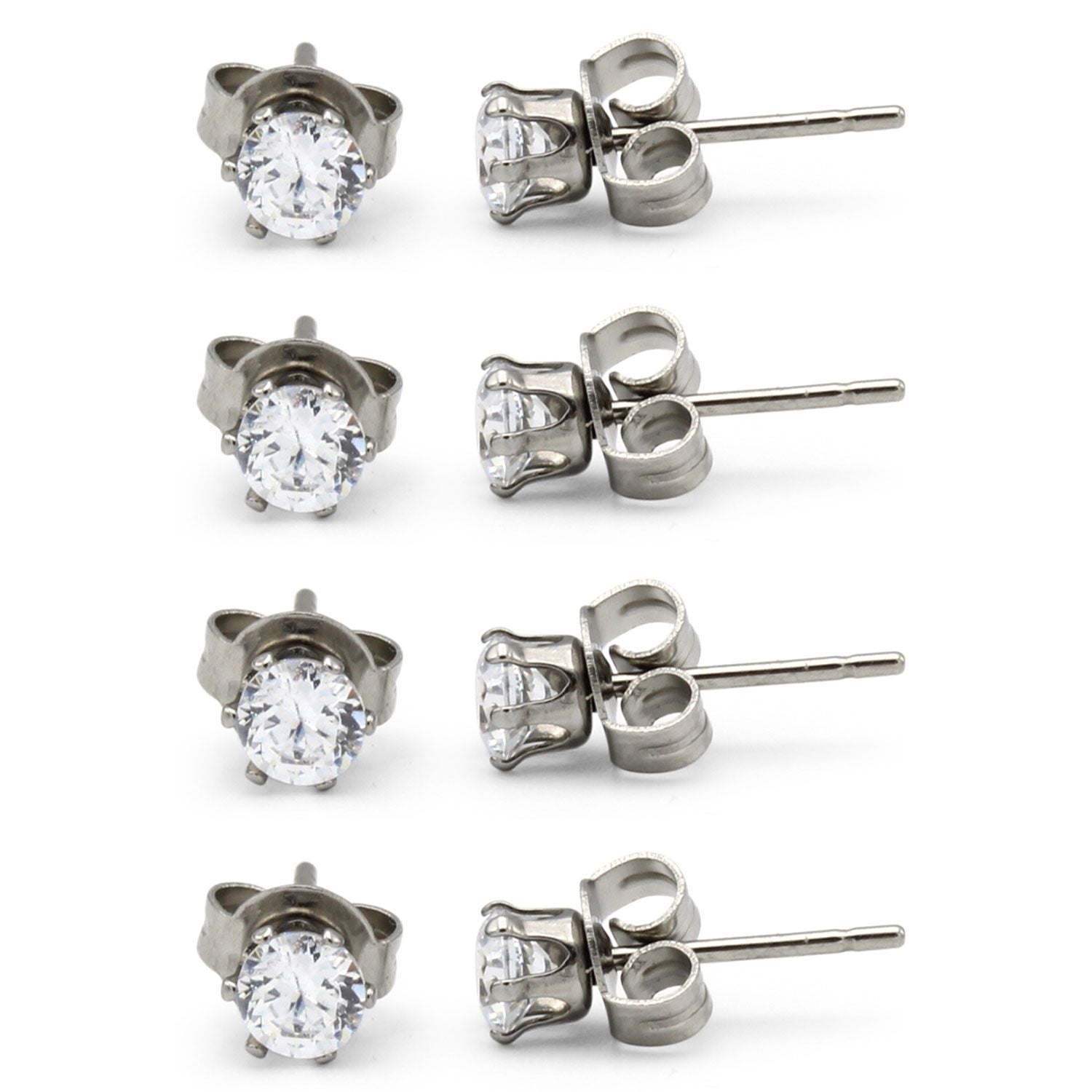 Cubic Zirconia Round Silver Stud Earrings Set Of 4 Stainless Steel Jewelry Men Women