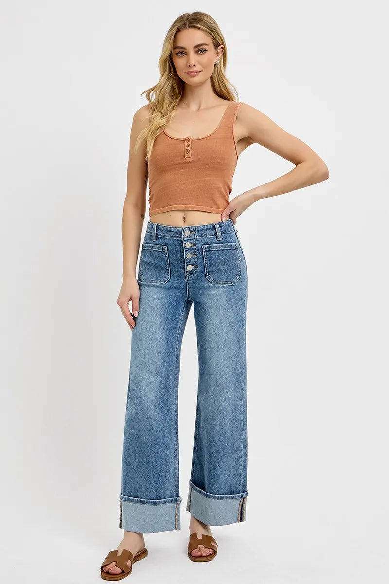 RISEN High Rise Ankle Wide Button Patch Pocket Cuffed Jeans