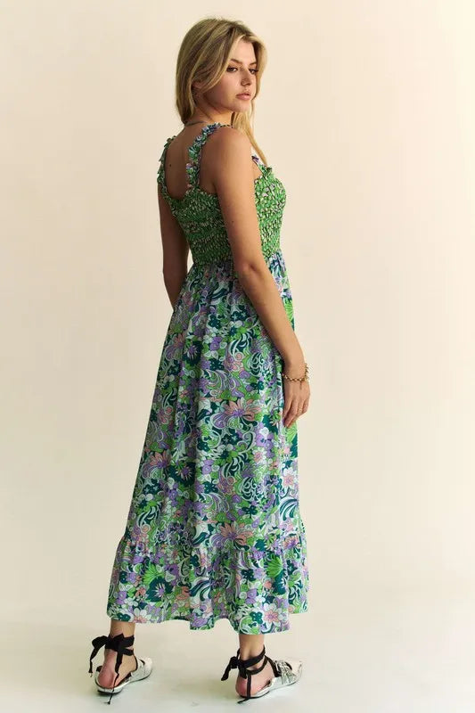 Davi & Dani Multi Smocked Bodice Geo Ruffle Strappy Midi Dress