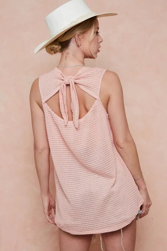 BiBi Popcorn Waffle Open Back Top with Tied Ribbon