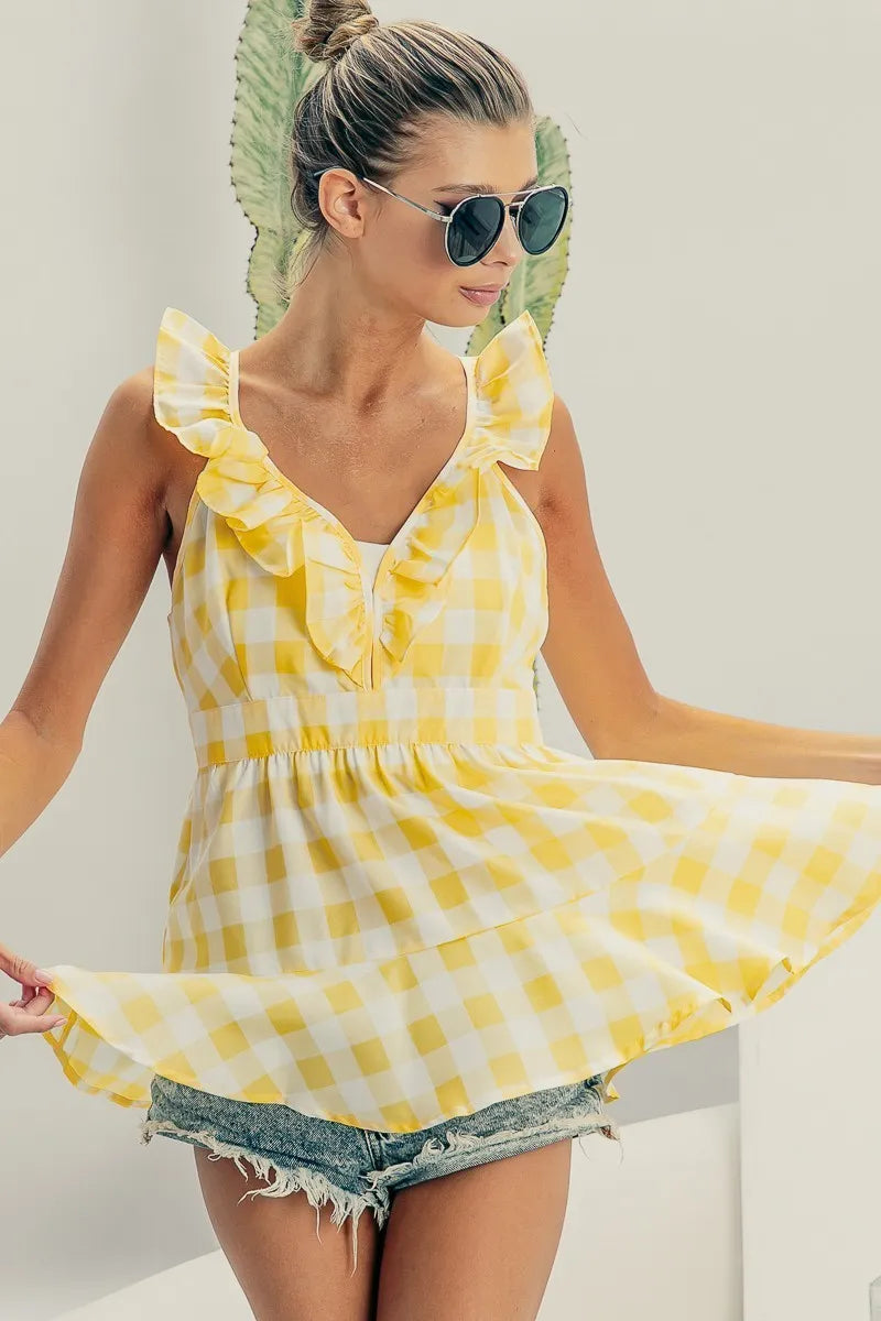 BiBi Ruffled Neckline Sleeveless Check Plaid Peplum Top