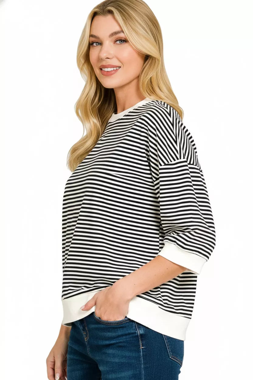 Zenana Striped Contrast Trim Banded Bottom Top
