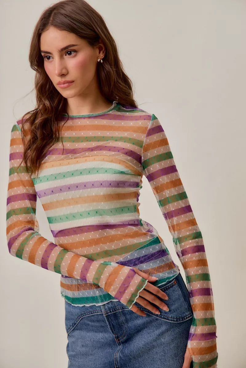 SO ME Mardi Gras Color Stripe Stretch Mesh Top