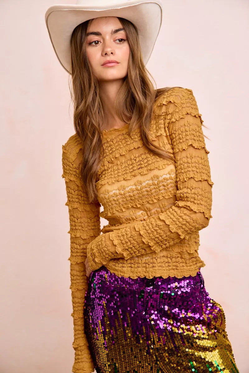 BiBi Ruffles Detail Mardi Gras Color Flower Lace Top