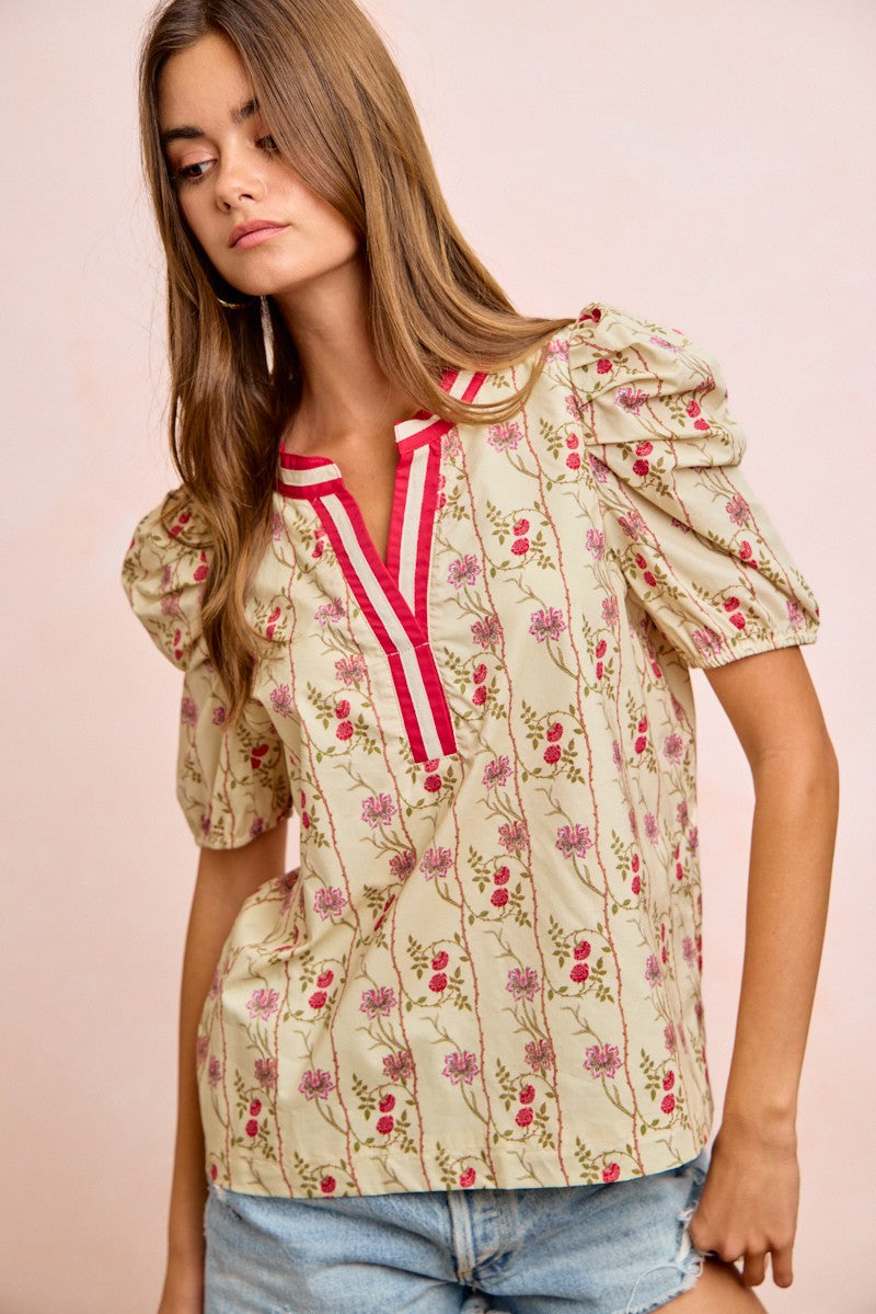 BiBi Floral Gather Sleeves Contrast Neckband Blouse Top