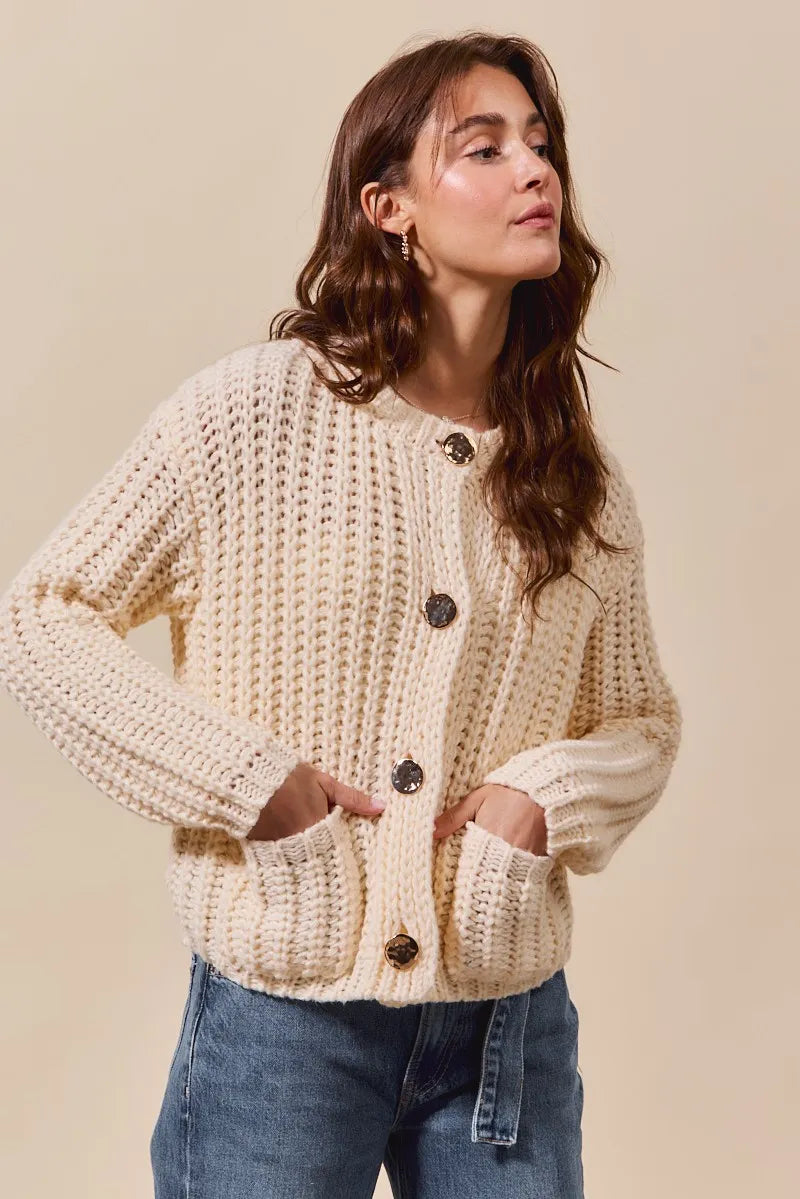 SO ME Metal Button Long Sleeve Chunky Sweater Cardigan