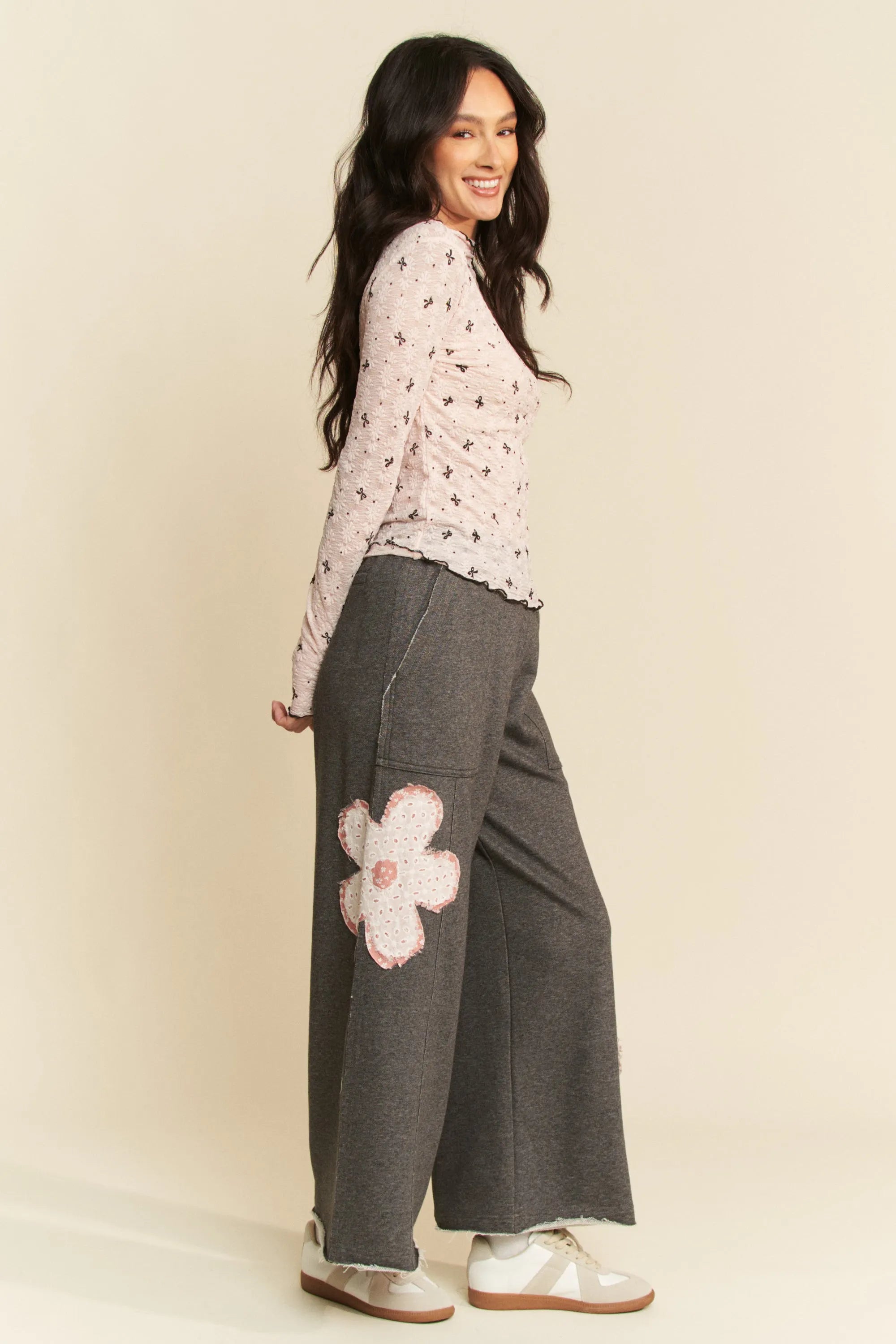 Davi & Dani Ribbon Bow Lace Hem Long Sleeve Mesh Layering Top