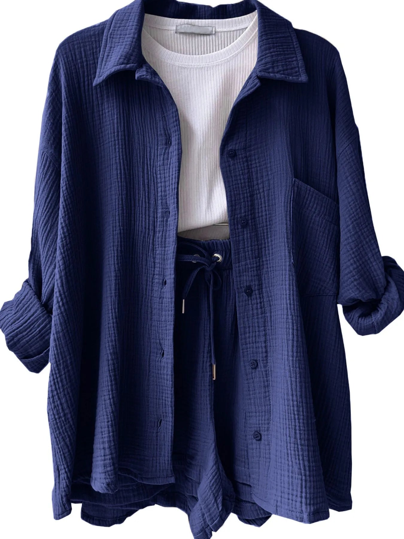 Textured Button Up Shirt and Shorts Set