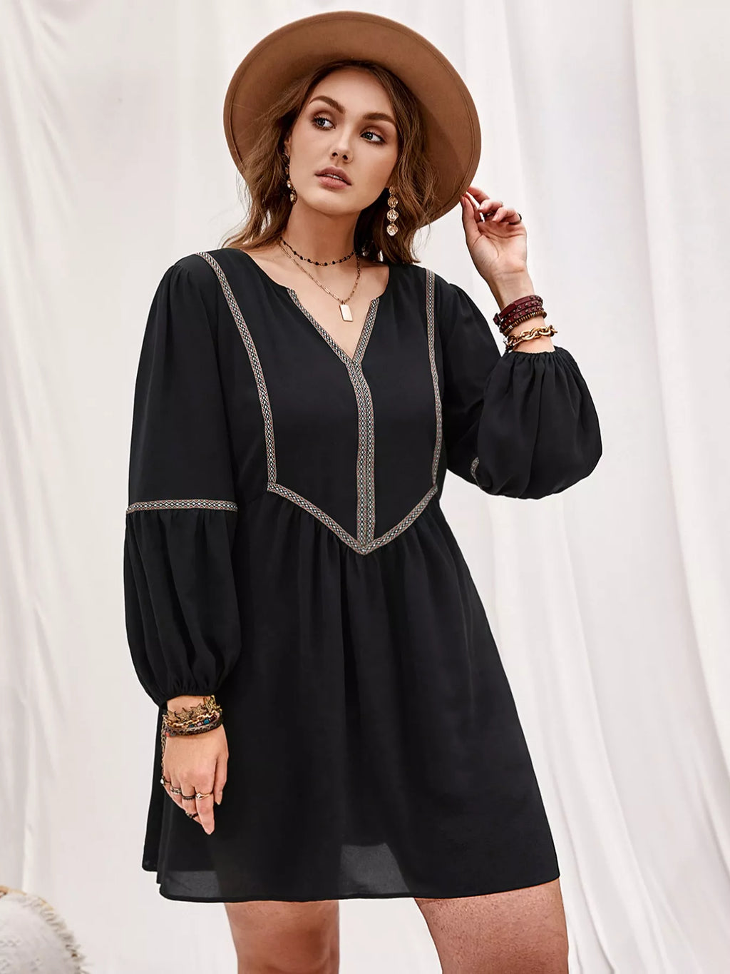 Plus Size Notched Balloon Sleeve Mini Dress