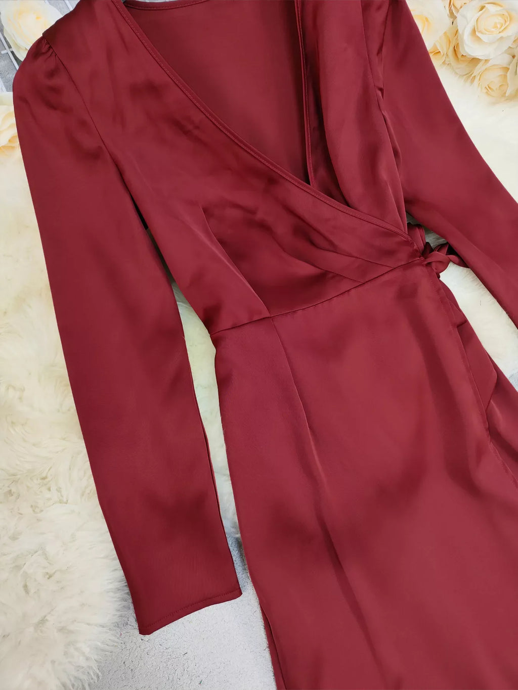 Surplice Satin Long Sleeve Dress