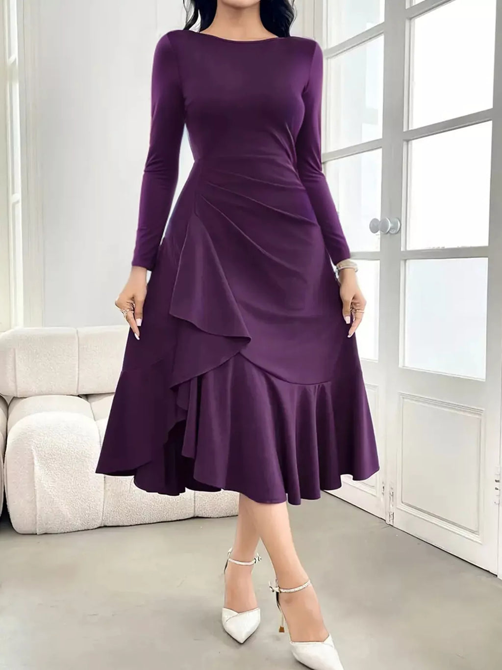 Ruffle Hem Long Sleeve Midi Dress