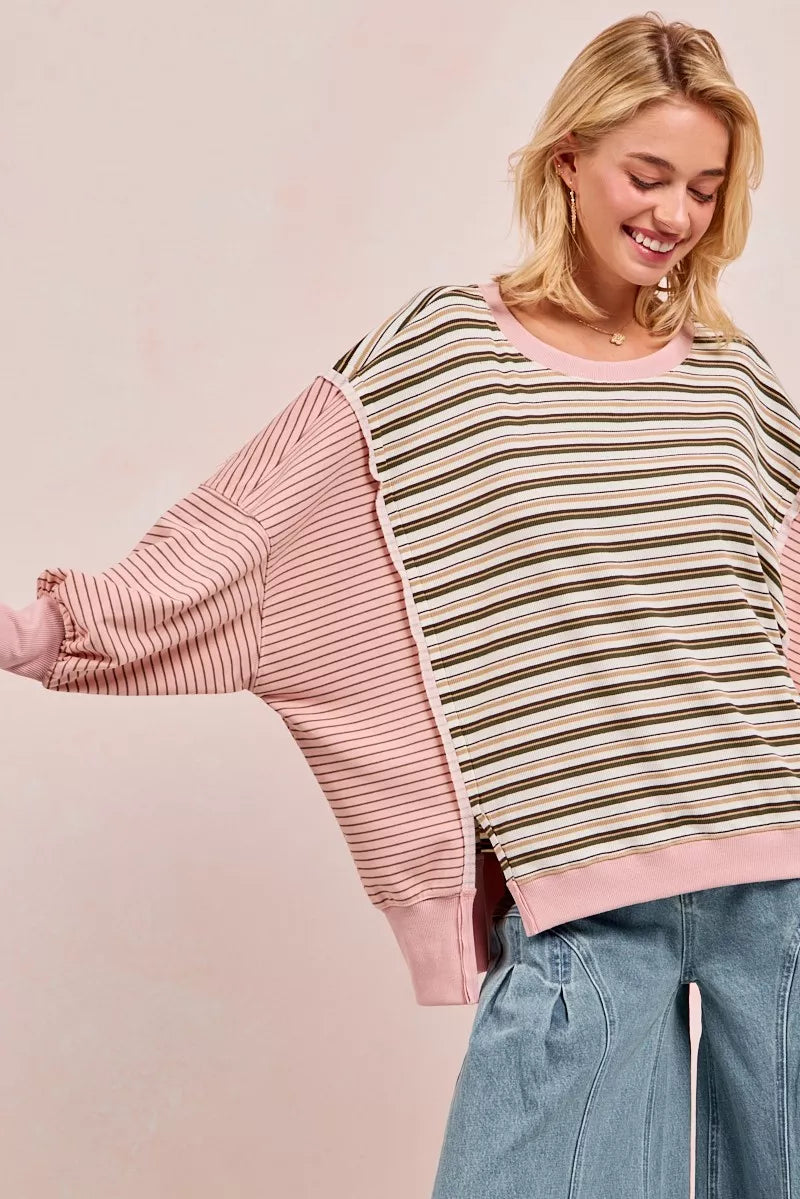 BiBi Stripe Mixed Top With Cut Edge And Reverse Outseam