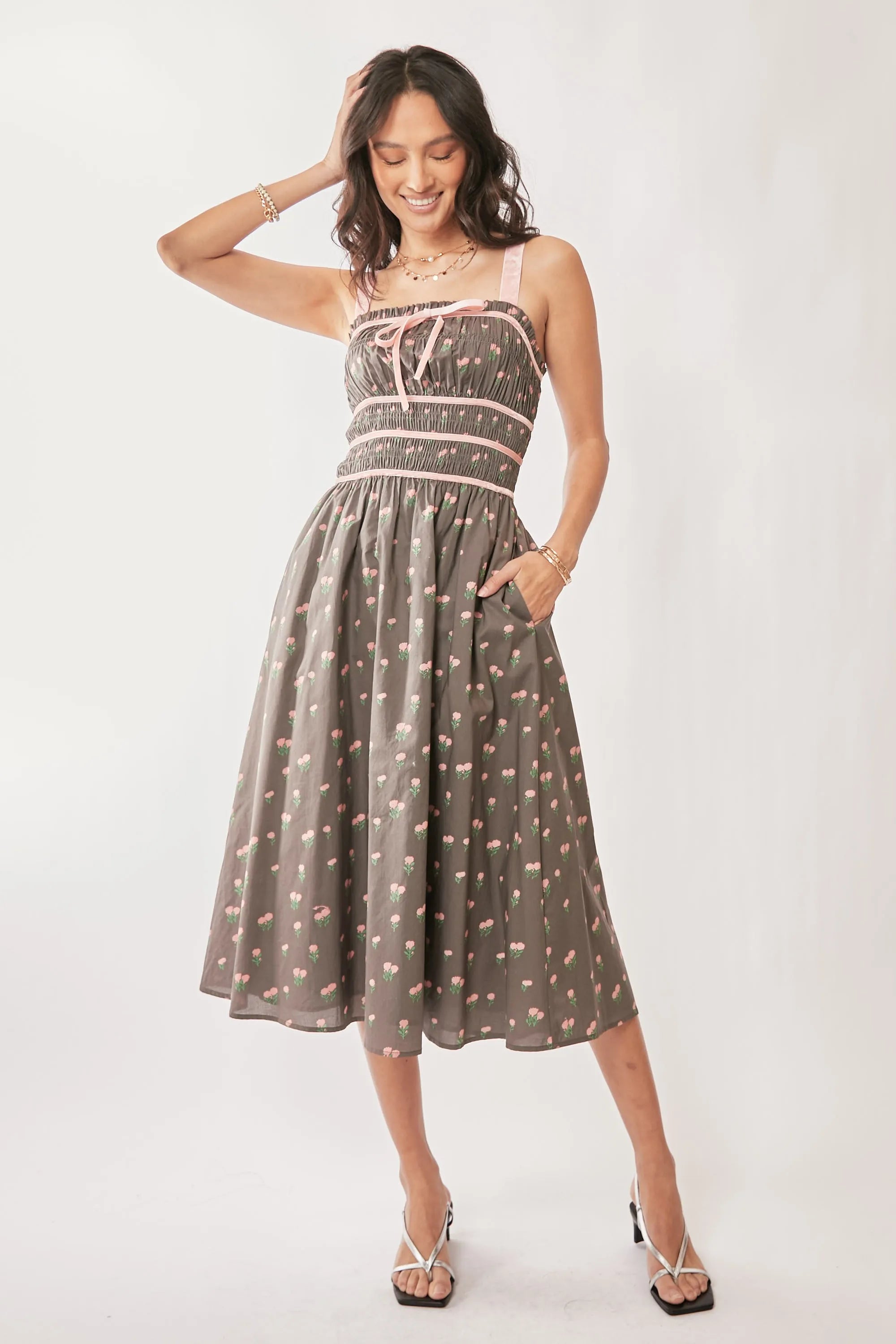 Davi & Dani Contrast Velvet Tape Smocking Bodice Midi Dress