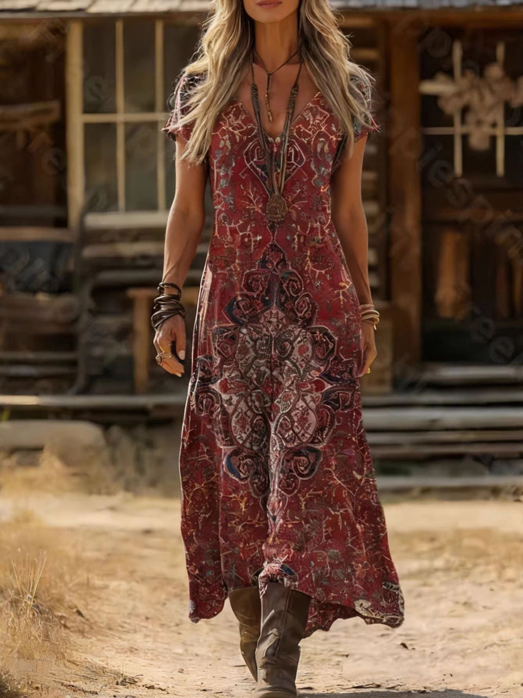 Printed V-Neck Short Sleeve Midi Dress