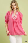 Umgee Solid Contrast Trim Pleated Top