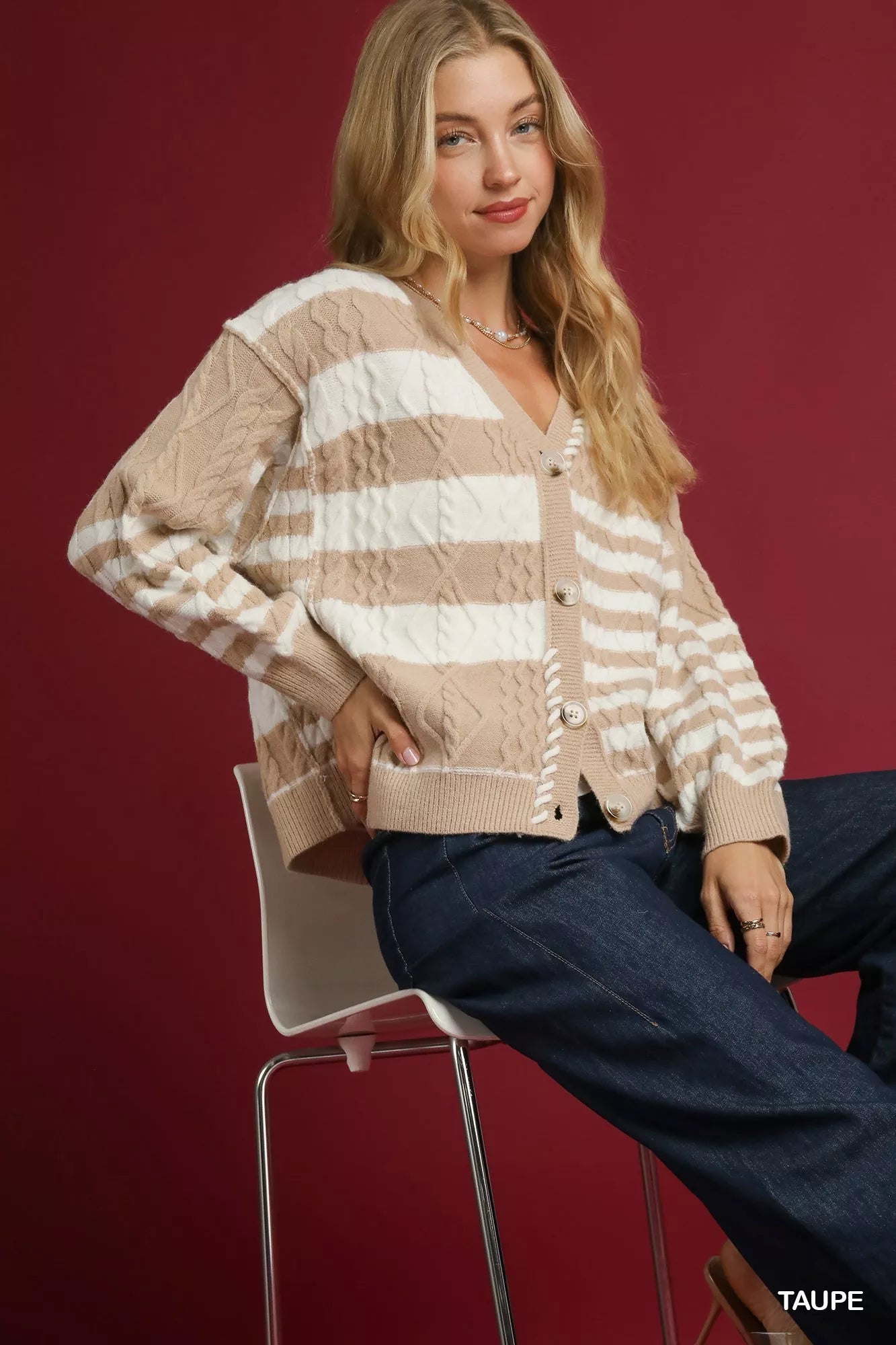 Umgee Cable-Knit Stripe Button-Up Cardigan