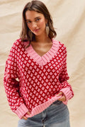 SO ME Color Block Textured Christmas Sweater V Neck Top