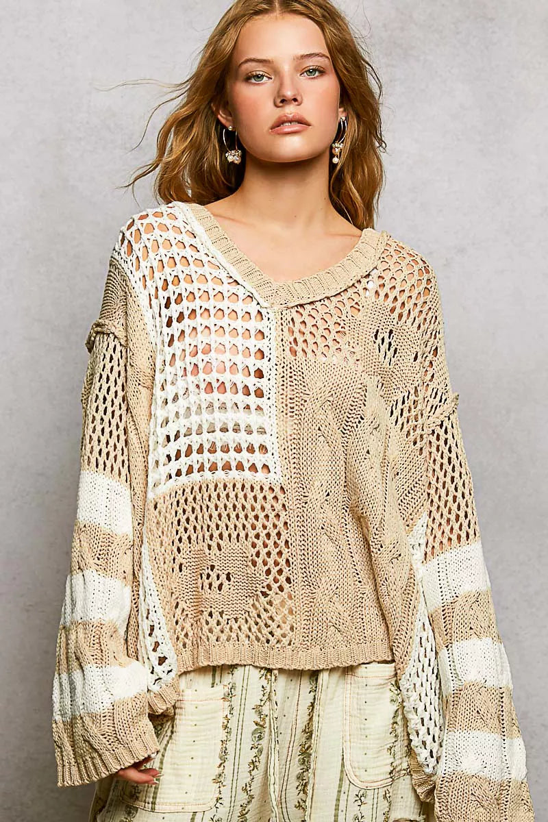 POL Color-Blocked Stripe Pattern Knit Top with Twisted Weave