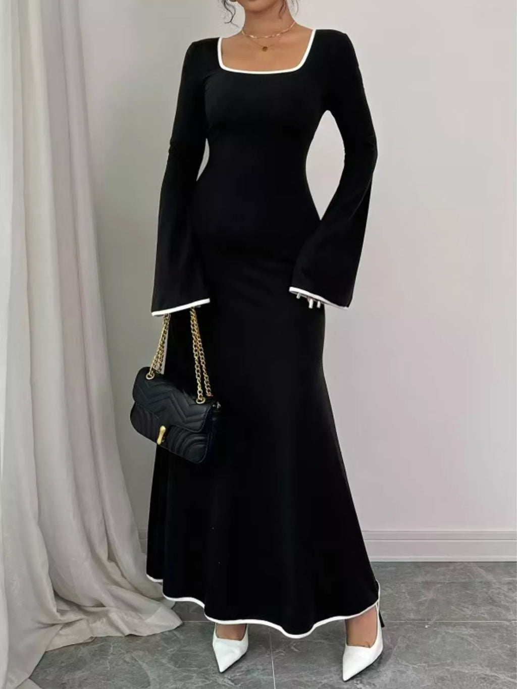 Square Neck Flare Sleeve Maxi Dress