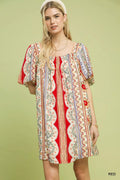 Umgee Mixed Print Puff Sleeve Mini Dress