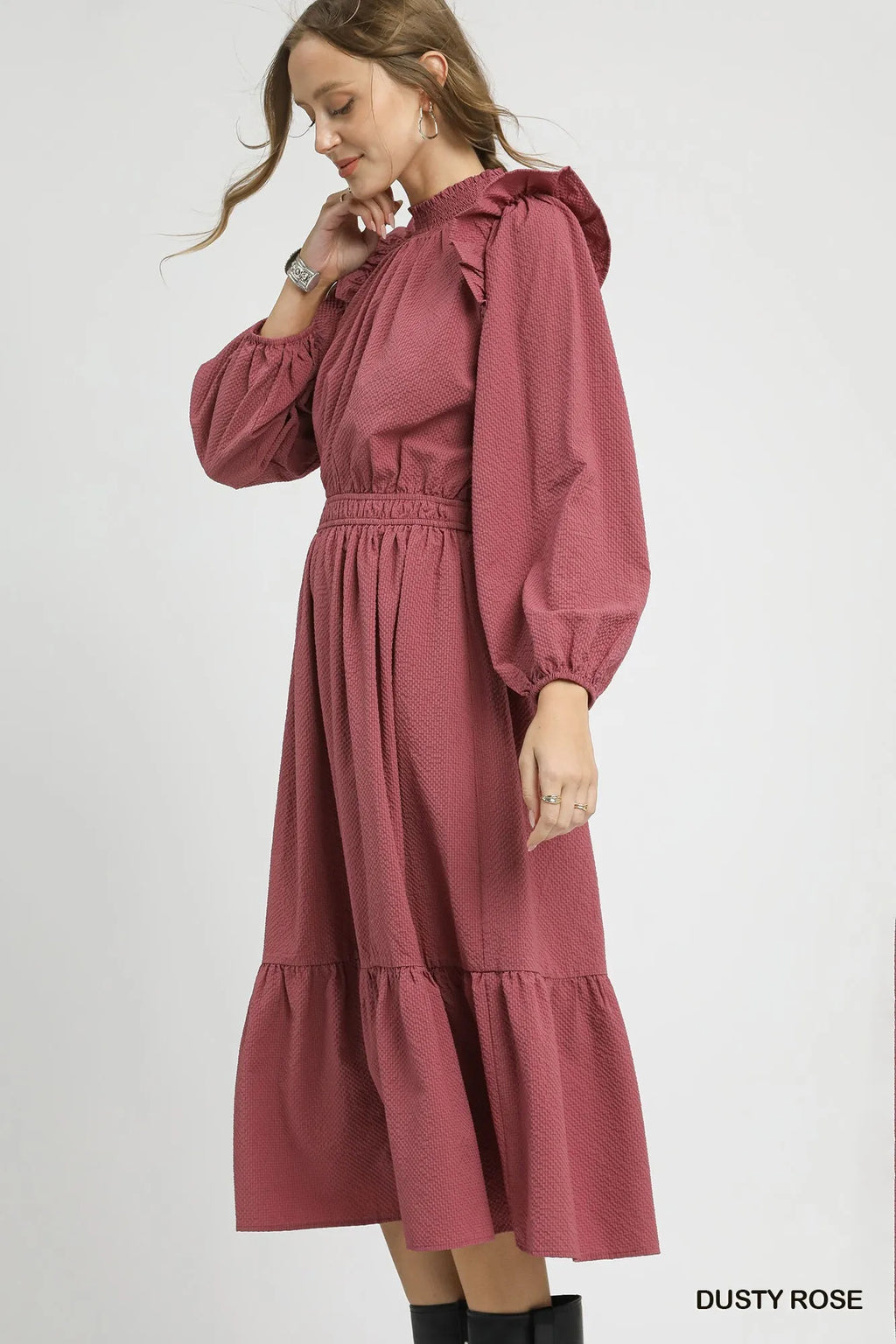 Umgee Textured Midi Dress with Ruffle Shoulder Detail