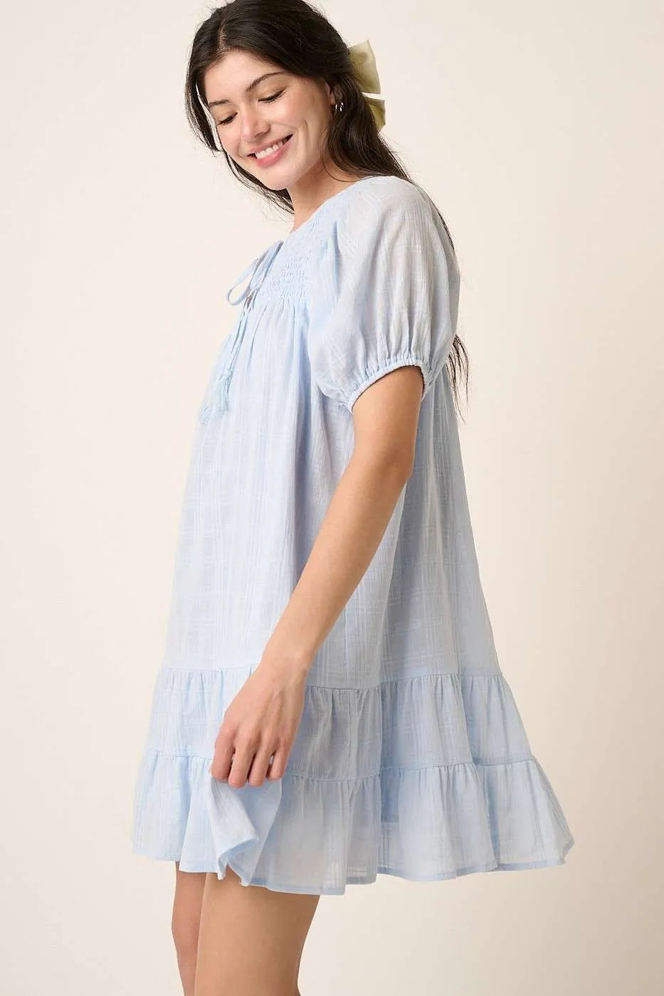 Mittoshop Tassel Tie Plaid Gauze Short Sleeve Mini Dress