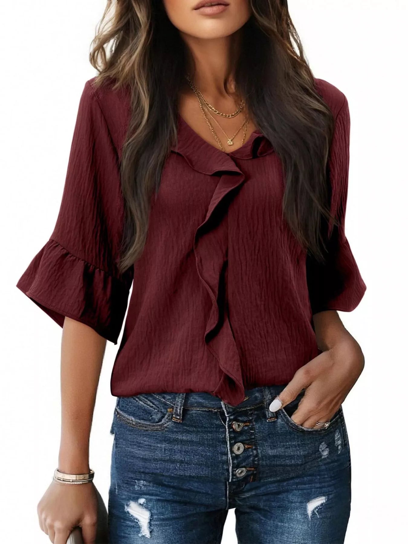 Ruffle Trim V-Neck Blouse