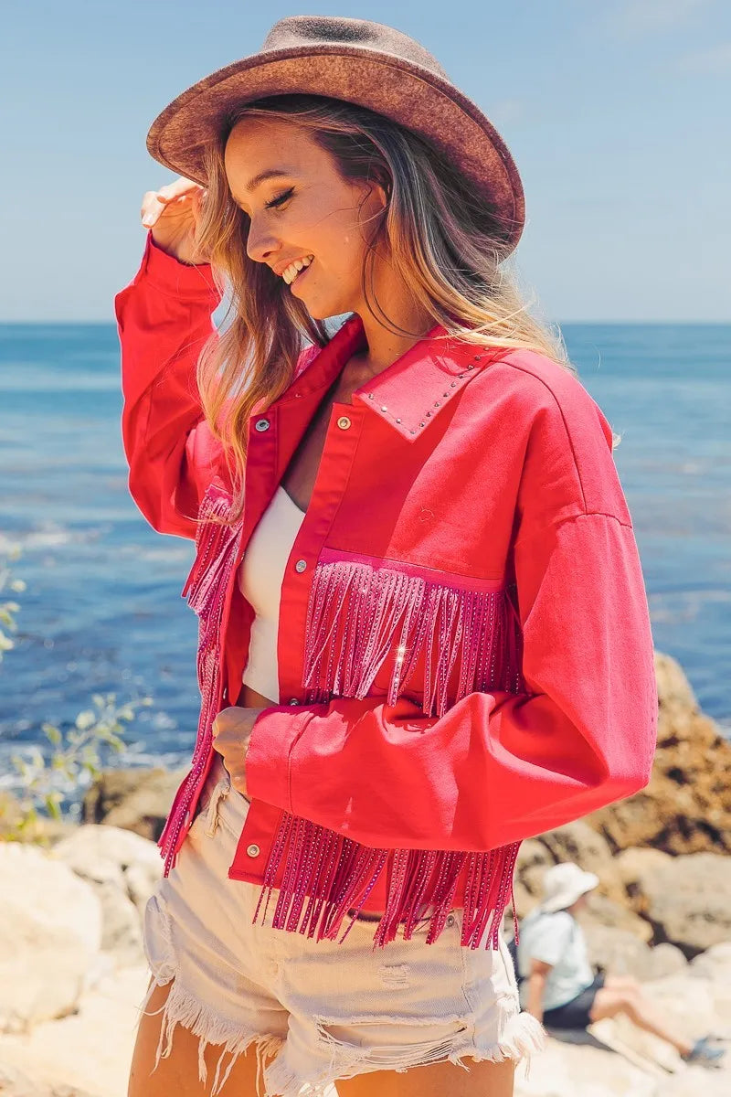 BiBi Rhinestone Fringe with Studed Collar Jacket