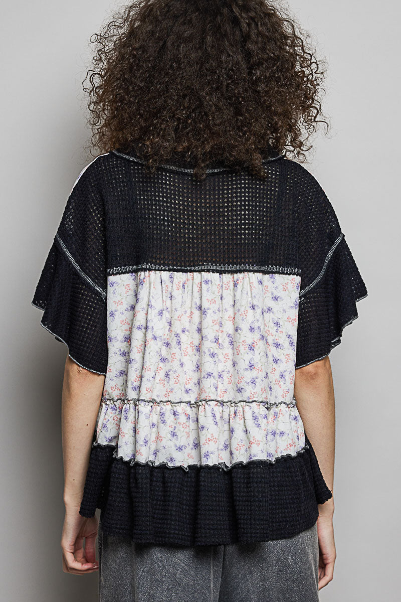POL Floral Print V-Neck Woven Blouse with Gentle Gathers