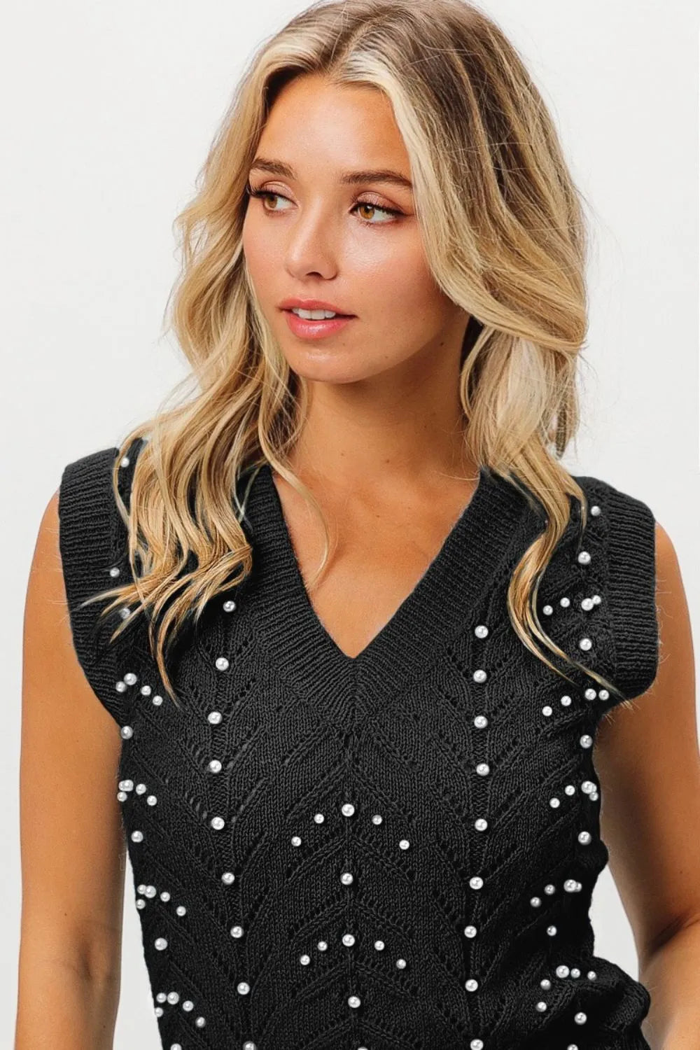 BiBi Chevron Pointelle Pearl Knit Top