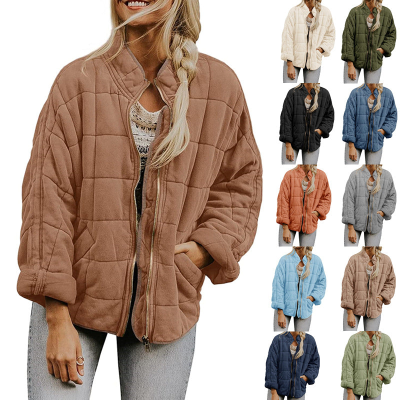 Winter Zip-up Stand Collar Coat With Pockets Fashion Solid Color Plaid Long Sleeved Jacket Women's Clothing