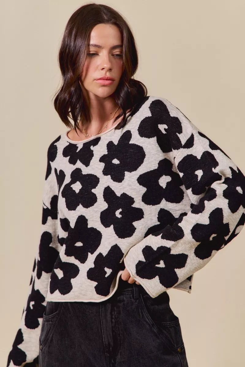 SO ME Loose Fit Flower Lightweight Sweater Top